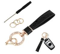 Amabro Leather Keychain, Universal Keyring Holder with Diamond Anti-lost D-Ring 360 Degree Rotatable Key Fob with Screwdriver for Men Women Keyrings Car Accessories Family Present (Black)