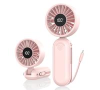 Amacool Foldable Handheld Fan Rechargeable, Built-in Type-C Cable, 5-Speed Personal Fan, Max 17H Runtime, Wearable Neck Fans for Travel Outdoor Cruise Makeup, Gift for Women Men Stylish Girl (Pink)
