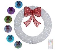 amadecohome 24" Pre-Lit Outdoor Christmas Wreath with 140 LED Lights and Bow, Lighted Metal Christmas Wreath Decoration with Timer Function for Xmas Home Wall Front Door Window Garage (White Red)