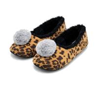 Amado Macario Womens Soft Sole Ballerina Slippers in Leopard with Memory Foam Insole, Faux Fur Lining and Pom Poms, UK Size 3 Medium