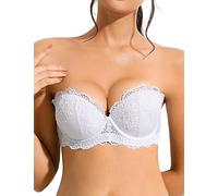 Amafuur Push Up Strapless Bra with Clear Straps Heavily Padded Add 2 Cup Multiway Sexy Lace Balconette, White, 32A