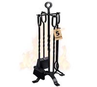 Amagabeli 26"(66cm) 5 Pieces Fireside Companion Set Indoor Fireplace Tools Set Wood Burner Accessories Wrought Iron Fire Set Poker Brush Shovel with Handles Modern Black Outdoor