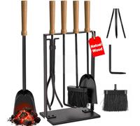 Amagabeli 55cm 5 Pcs Fireplace Tools Sets Wood Handle Wrought Iron Fire Tool Set and Holder Outdoor Fireset Fire Pit Stand Indoor Rustic Tongs Shovel Antique Brush Chimney Poker Wood Accessories