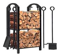 Amagabeli Fireplace Log Rack with 4 Fireplace Tools Wrought Iron Firewood Holders Indoor Wood Stove Outdoor Fireplace Log Storage Heavy Duty Wood Stacking Kit Black