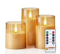 AMAGIC Flameless Candles with Transparent Acrylic Shell, Gold, Set of 3 | Battery Operated Candles with Flickering Glow, Remote Control and Timer for Mantelpieces Thanksgiving, Christmas Decoration