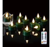 Amagic Flameless Green Timer Remote Tealights Candles, 3D Black Wick Flickering Tea Light, 300+Hour Colored Votive Candles Battery Operated, Set of 12 for Christmas, Theme Party, Holiday, Home Decor
