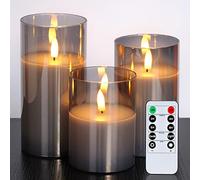 AMAGIC Glass LED Flameless Candles, Battery Operated with Remote Control and Timer, Electric Candles, Wax+Grey Glass, D3 H4 5" 6", Set of 3