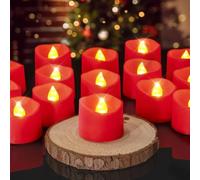 AMAGIC Pack of 24 LED Tea Lights, Battery Operated Flameless Candles, Flickering Tea Lights, Warm White Tealight Candles for Christmas Weddings, Red