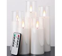 Amagic Pure White Flameless Candles, Battery Operated Candles, Acrylic Flickering LED Pillar Candles with Remote Control and Timer, 3D Wick, Yellow and Blue Glow, D2.2 xH5 5" 6" 7" 8", Set of 5