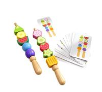 Amagogo Children Educational Bead Wooden Threading Toy Beads Lacing Game Fruit Pattern Cards Preschool Learning Activity Fine Motor Practice Shape Color