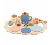 Amagogo Children Pretend Playware Wooden Tea Set With Teapot Cups Saucers Spoons Honey Dipper Tray Floral Accents Rounded Forms suitable for role playing playroom birthday gifting
