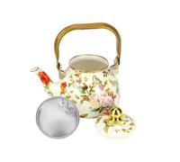 Amagogo Enamel Heating Kettle Teapot with Infuser Tea Kettle Tea Pot Stovetop Kettle with Floral Exterior Gold and Lid Edge Suitable for Entertaining Guests, Array, Birds and Flowers, 1.2L