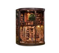Amagogo Miniature Assembly Puzzle DIY Library Model With Curved Design Tiered Shelves Rounded Base Central Tree Warm Light suitable for adult crafters home decor reading corner display