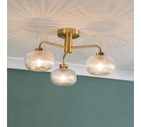 Amaia Brushed Gold IP44 3 Way Clear Ribbed Glass Ceiling Light with LED Bulbs ValueLights Gold One Size