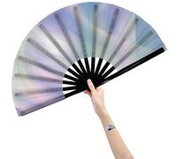 Amajiji Large Folding Hand Rave Fan, White, Bamboo & Nylon-Cloth, 13" (Closed), 25" (Open), Foldable, Modern, Chinease/Japanese Design, Perfect for Cooling, Dance, Decoration & Gifts
