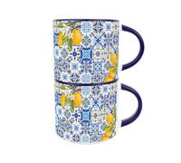 Amalfi Ceramic Mugs - Italian Coast Large Navy Stackable Coffee Cups, 2pk
