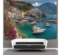 Amalfi Coast Landscape Painting Tapestry Yachts Moored at The Pier Wall Hanging for Bedroom Home Decor HD Printing Living Room, Dorm 130cmx150cm