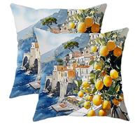 Amalfi Coast Pillow Covers Set of 2, Yellow Citrus Fruit Throw Pillows Case, Summer Decorative Square Coastal Decor Cushion Covers for Home Sofa Bed Couch 16x16 Inch