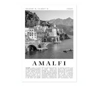 Amalfi - Italy Travel Poster, Black & White Print, City Landmark. Modern Home Wall Decor For Living Room Bedroom, Archival Matte, A2 (Print Only) - 59.4x42cm