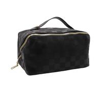 Amamcy Leather Checked Makeup Bag for Women Cosmetic Bag Large Makeup Bag Bra Underwear Storage Bag Travel Lingerie Pouch, Checked Black, One Size