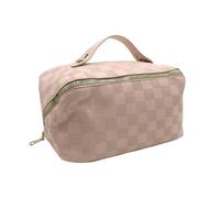 Amamcy Leather Checked Makeup Bag for Women Cosmetic Bag Large Makeup Bag Bra Underwear Storage Bag Travel Lingerie Pouch, Checked Pink, One Size