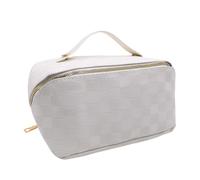 Amamcy Leather Checked Makeup Bag for Women Cosmetic Bag Large Makeup Bag Bra Underwear Storage Bag Travel Lingerie Pouch, Checked Beige White, One Size