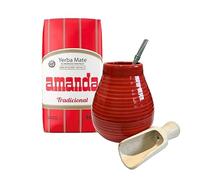 Amanda Yerba Mate Tea Set | Natural Strong Energy Drink | Mate Tea Complete Set | Begginer's Kit | Yerba Mate Amanda Elaborada Booster+GUARANA 500g|Ceramic Red Cup Gourd 350ml|Stainless Bombilla