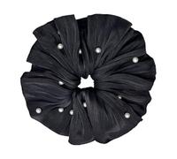amangul Elegant French Inspired Beaded Pearl Scrunchie with Ruffle Fabric Fashion Hair Accessories for Women and Girls(Black)