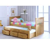 Amani Captain's Solid Pine Single Bed With Pull Out Trundle And 3 Storage Drawers, Kids Storage Bed - Waxed