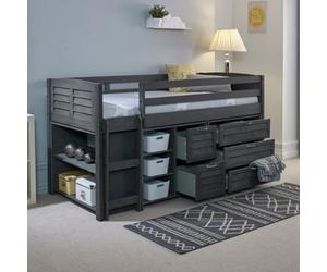 Amani Cozy Grey Solid Wooden Mid Sleeper Storage Single Bed - Ladder On The Left