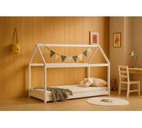 Amani Ely White Montessori House Bed, Solid Pine Floor Bed For Toddlers, Kids Single Bed