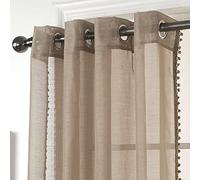 Amania Trading Ltd Latte POM POM Eyelet Ring Top Header Linen Look Sheer Voile Children Modern Curtain Panels 54" (137cm) Drop