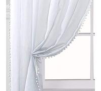 Amania Trading Ltd White POM POM Slot Top Pure Sheer Voile Girls Children Modern Curtain Panels 54" (137cm) Drop