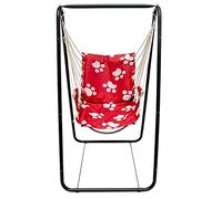AMANKA Swing set with chair and stand frame Metal Frame with hanging armchair Rocking hanging swing with armrest & back support Children and adults Indoor & Outdoor Red with footprints