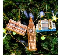 Amanman Hand-Blown London Landmarks Christmas Ornaments Set of 3, Travel Ornaments Collection - Buckingham Palace, Big Ben & Tower Bridge with Glitter Accents