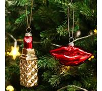 Amanman Set of 2 Funny Lipstick & Lips Blown Glass Ornaments - Glitter Gold & Red for Women