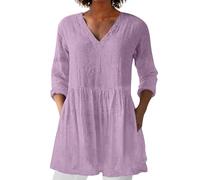 Amaon Prime Orders Placed by Me Women Summer Tops with Pockets Linen 3/4 Sleeve V Neck Tunic Top Cotton Linen Casual T-Shirt Oversized Long Swing Blouse Shirts Ladies Clothes Tee A Purple