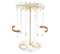 AmaQueen Rotating Necklace Hanger Organizer Tree with Jewelry Tray, Gold Spinning Necklace Chain Display Holder Stand Storage (Golden)