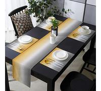 Amarainy Table Runner with 6 Place Mats, Gradient Color Yellow Gray Cotton-Linen Dining Mat Sets Heat Resistant Washable Placemat for Dining Table/Kitchen/Living Room/Office/Picnic 13x70 Inch