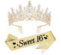Amariver 16th Birthday Crown and Sash for Girls Sweet 16 Birthday Decoration 16th Gold Birthday Tiara and Sweet 16 Glitter Birthday Sash 16th Birthday Party Gifts Birthday Party Supplies