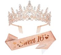 Amariver 16th Birthday Crown and Sash for Girls Sweet 16 Birthday Decoration 16th Rose Gold Birthday Tiara and Sweet 16 Glitter Birthday Sash 16th Birthday Party Gifts Birthday Party Supplies
