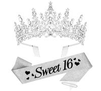 Amariver 16th Birthday Crown and Sash for Girls Sweet 16 Birthday Decoration 16th Silver Birthday Tiara and Sweet 16 Glitter Birthday Sash 16th Birthday Party Gifts Birthday Party Supplies