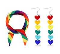 Amariver Rainbow Pride Set Rainbow Striped Scarf & Heart Dangle Earrings for Pride Parade, LGBT Celebrations, and Everyday Wear