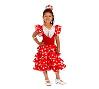 AMARU SANCHESU Girls Flamenco Dance Dress or Sevillanas, Red Taupe White, 8 Years