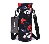 AMARY Neoprene Water Bottle Carrier Bag with Adjustable Shoulder Strap,Insulated Water Bottle Cover for Stainless Steel/Glass/Plastic Bottles (Flowers-4, 1000ml)