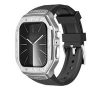 AMAUPCKCA Luxury Metal Modification Kit For Apple Watch Series 9 8 7 45mm 6 5 4 SE 44mm Rubber Band IWatch Refit Mod Kit Bezel Case Band(Black Silver,45mm)