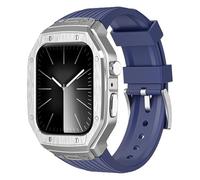 AMAUPCKCA Luxury Metal Modification Kit For Apple Watch Series 9 8 7 45mm 6 5 4 SE 44mm Rubber Band IWatch Refit Mod Kit Bezel Case Band(Navy Blue Silver,45mm)