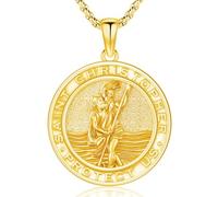 Amavive St Christopher Necklace - Mens & Womens, Saint Christopher Medal Pendant for Car Necklace, Silver Chain With Pendant Retro Religious Christian Amulet Jewelry Gift, Sterling Silver, No Gemstone