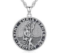 Amavive St Christopher Necklace - Mens & Womens, Saint Christopher Medal Pendant for Car Necklace, Silver Chain With Pendant Retro Religious Christian Amulet Jewelry Gift, Sterling Silver, No Gemstone
