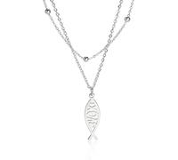 Amaxer Ichthys Cross Jesus Christ Angel Love Fish Christian Symbol Charm Pendant Necklace for Women Christian Jewelry stainless Steel Double Layer Beaded Necklace (Fish-S)